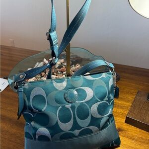 Coach Teal and Silver Patterned Shoulder Bag